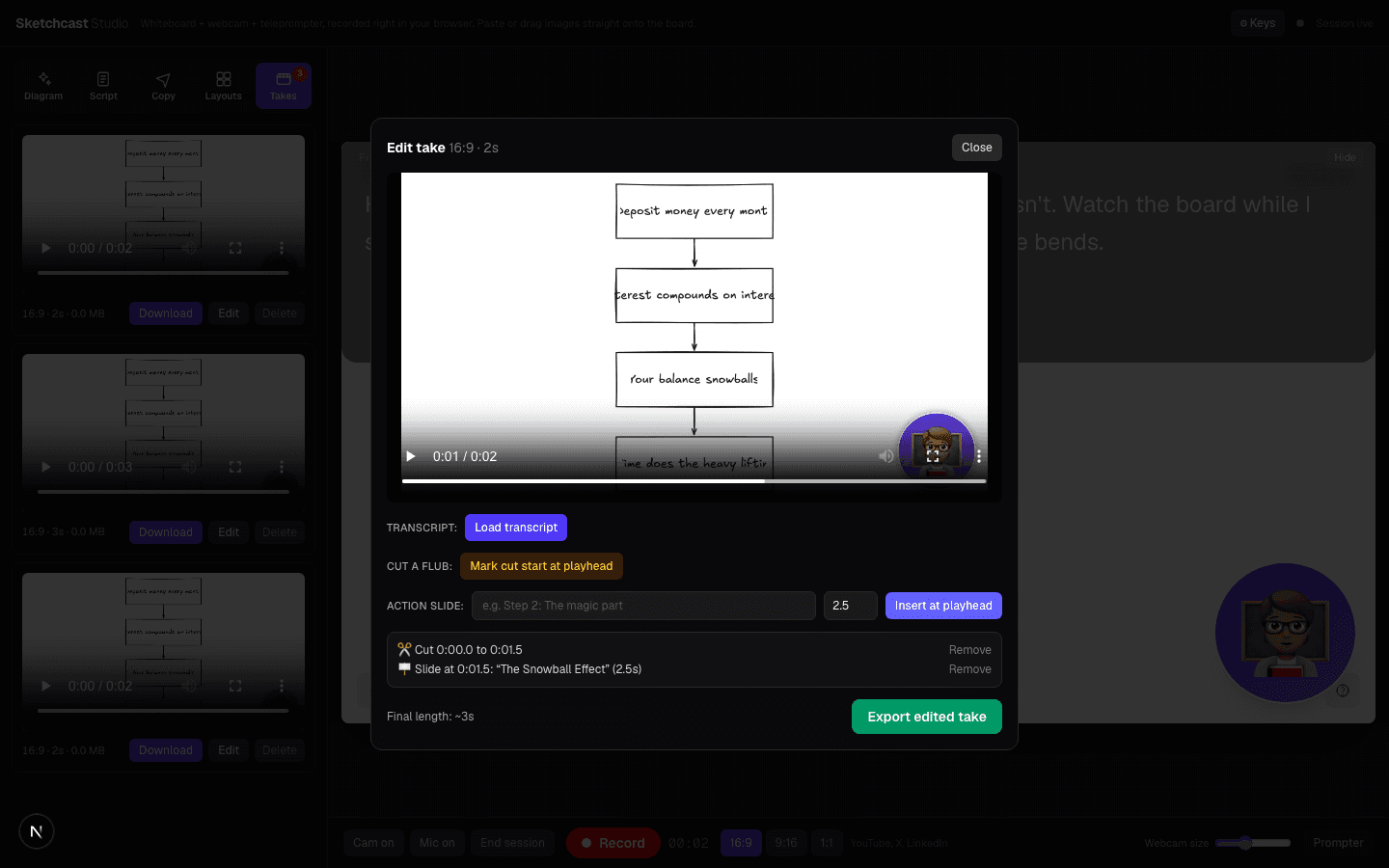 Sketchcast take editor with a transcript cut and action slide
